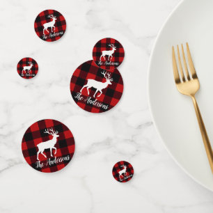 Red Buffalo Plaid & Reindeer Personal Name Table Confetti