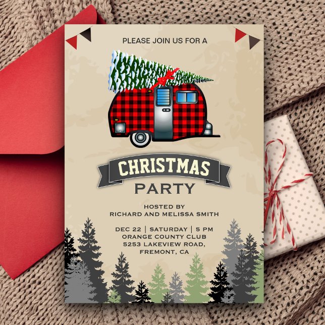 Red Buffalo Plaid Retro Camper Christmas Party Invitation (Creator Uploaded)
