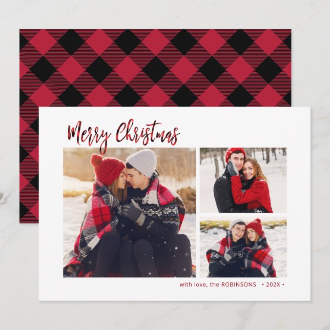 Red Buffalo Plaid Rustic 3 Multi Photo Christmas  Holiday Card (Front/Back)