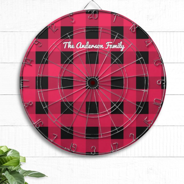 Red Buffalo Plaid Rustic Check Patterned Custom Dartboard (A dart board with rustic red and black buffalo check pattern and custom name in script typography)