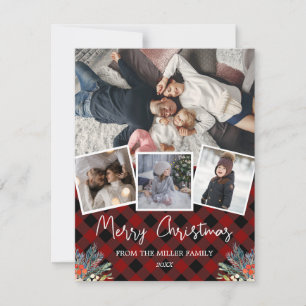 Red Buffalo plaid rustic photo collage Holiday Card