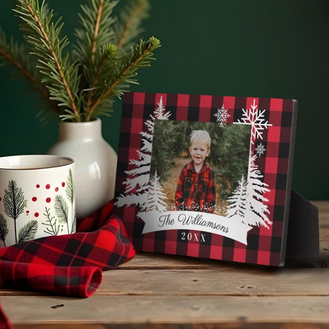 Red Buffalo Plaid Rustic Pine Tree Family Photo Plaque (Red Buffalo Plaid Rustic Pine Tree Family Photo Plaque)