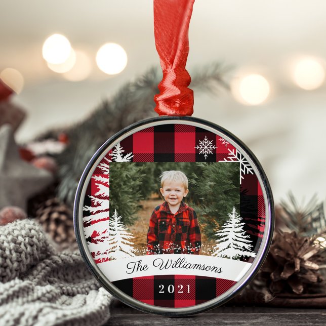 Red Buffalo Plaid Rustic Pine Trees Family Photo Metal Ornament (Red Buffalo Plaid Rustic Pine Trees Family Photo Metal Ornament)