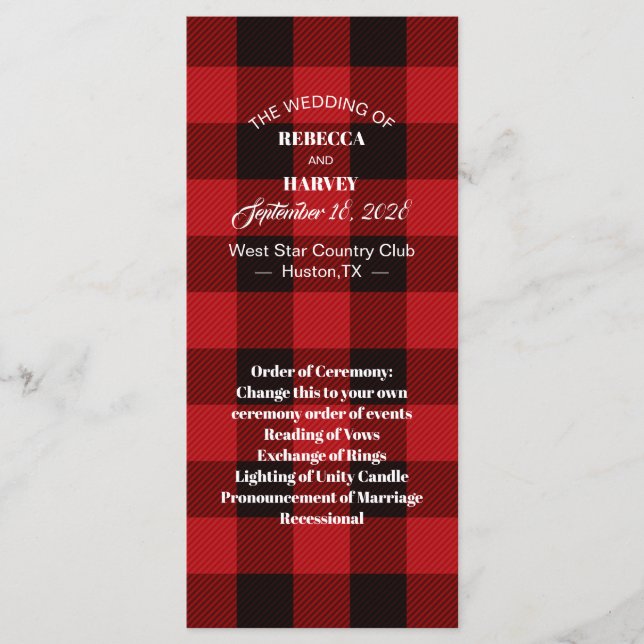 red buffalo plaid rustic winter wedding  programs (Front)