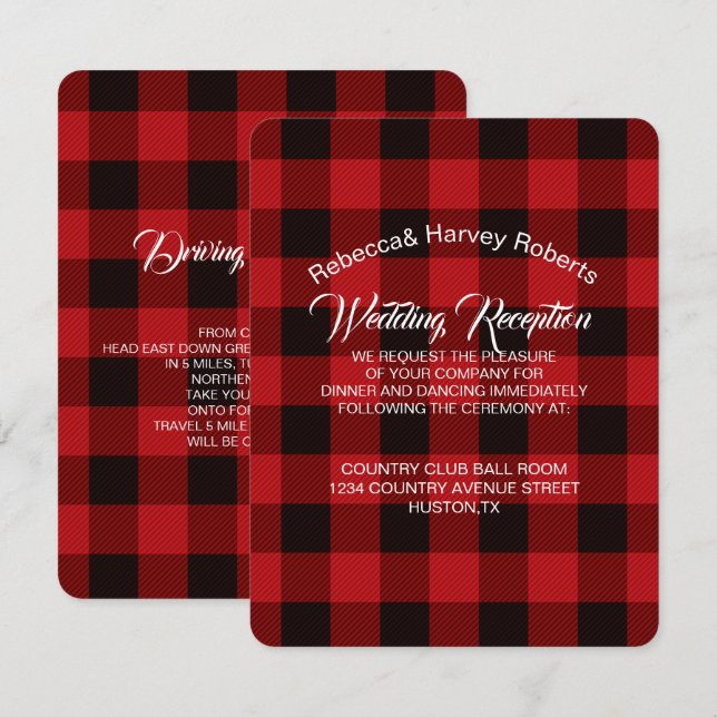 red buffalo plaid rustic winter wedding reception invitation (Front/Back)
