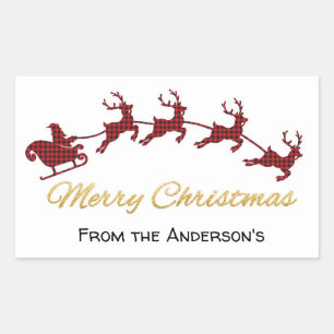 Red Buffalo Plaid Santa and Reindeer Christmas Rectangular Sticker