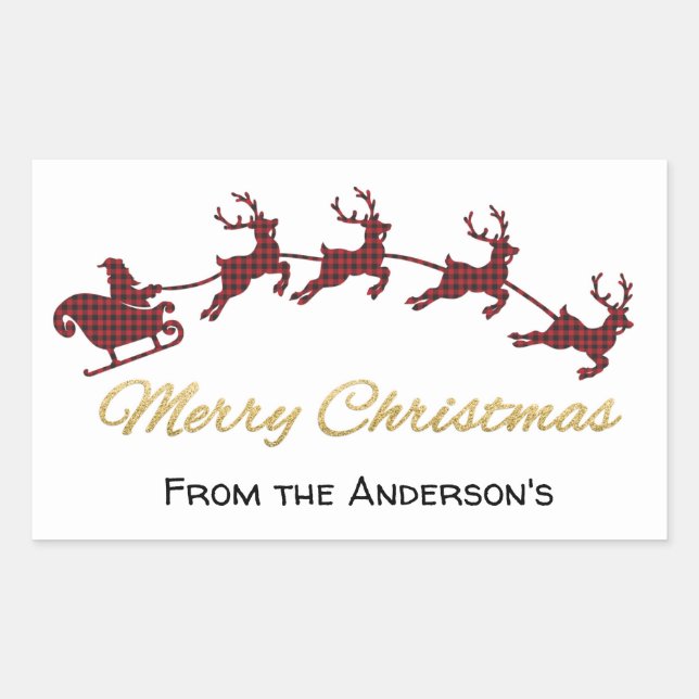 Red Buffalo Plaid Santa and Reindeer Christmas Rectangular Sticker (Front)