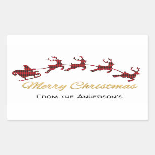 Red Buffalo Plaid Santa and Reindeer Christmas Rectangular Sticker