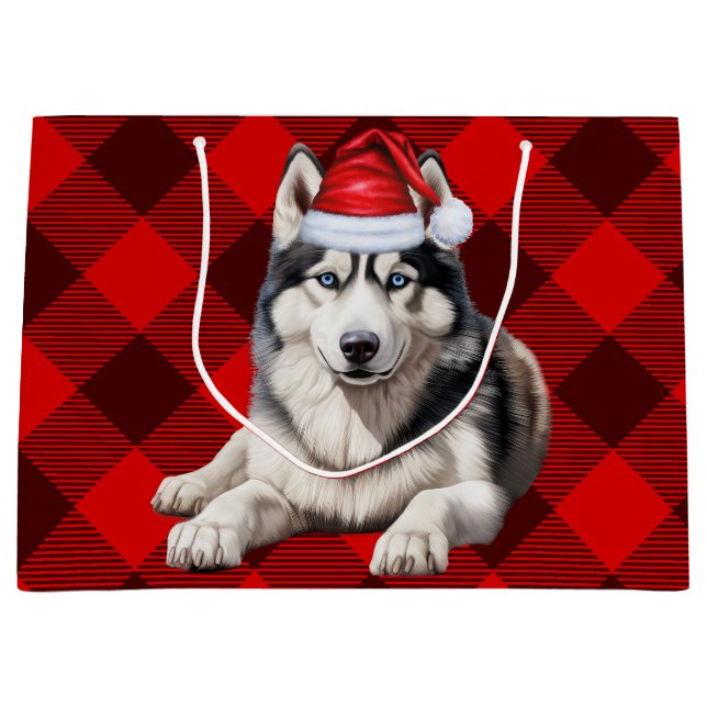 Red Buffalo Plaid Siberian Husky Dog Lover Holiday Large Gift Bag (Front)