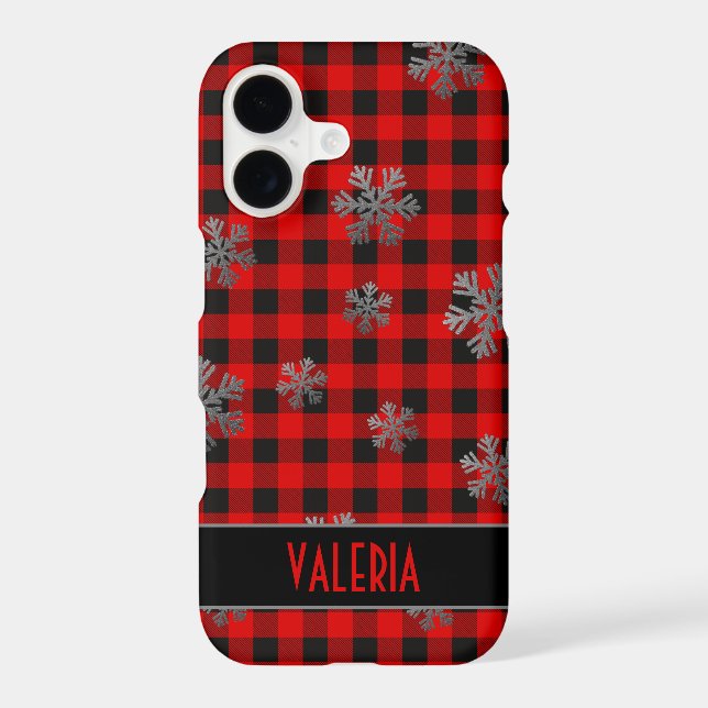Red Buffalo Plaid Silver Glitter Snowflakes (Back)