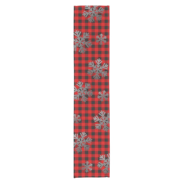 Red Buffalo Plaid Silver Glitter Snowflakes Short Table Runner (Front)