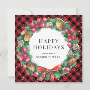 Red Buffalo Plaid Snow Holly Wreath Business Holiday Card
