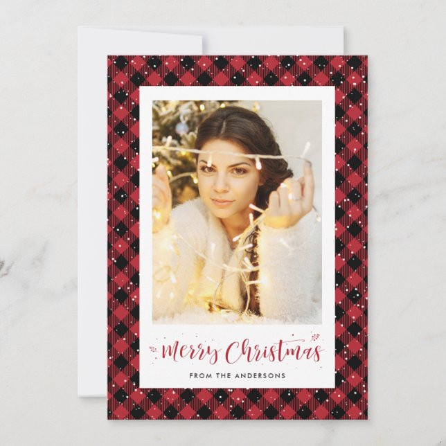 Red Buffalo Plaid Snow Photo Christmas Cards (Front)