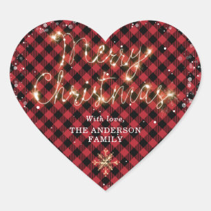 Red Buffalo Plaid Snow Sparkly Merry Christmas Heart Sticker