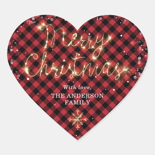 Red Buffalo Plaid Snow Sparkly Merry Christmas Heart Sticker (Front)
