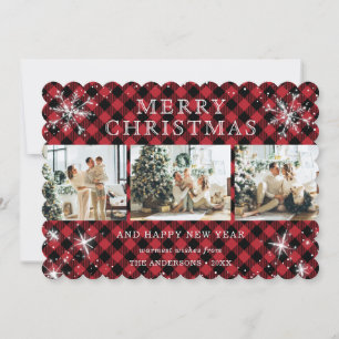 Red Buffalo Plaid Snowflake 3 Photo Collage Holiday Card