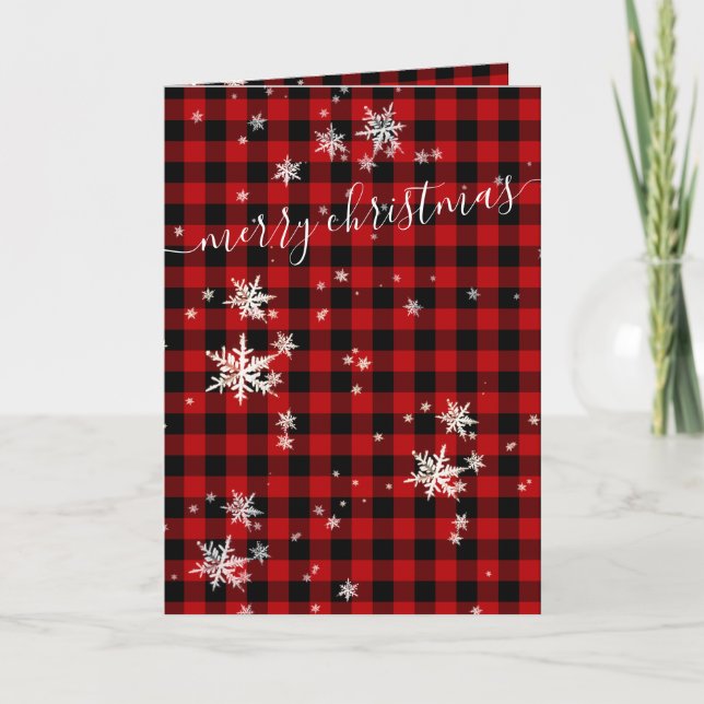 Red Buffalo Plaid & Snowflakes Merry Christmas Holiday Card (Front)