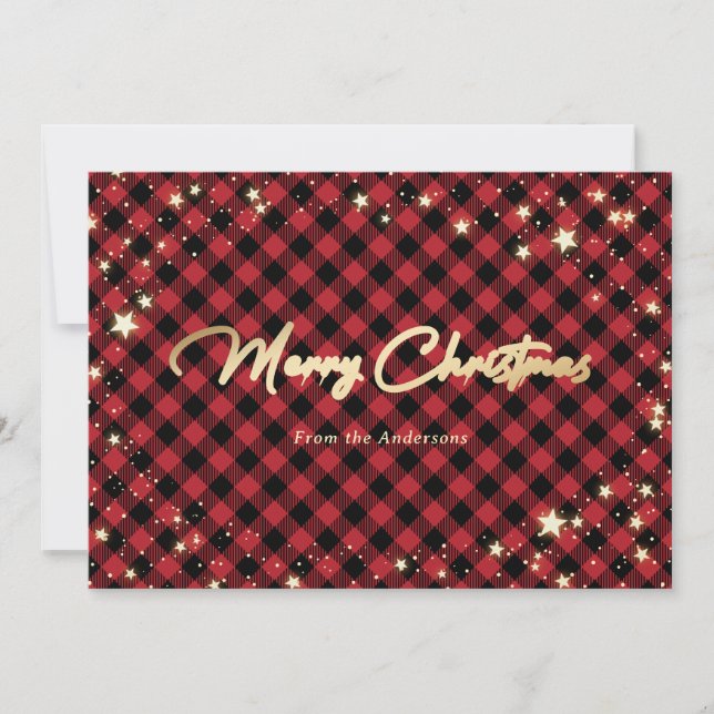 Red Buffalo Plaid Snowflakes Stars Christmas Cards (Front)