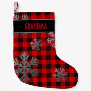 Red Buffalo Plaid Sparkly Snowflakes Small Christmas Stocking