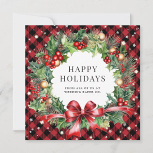 Red Buffalo Plaid Stars Holly Berries Business Holiday Card