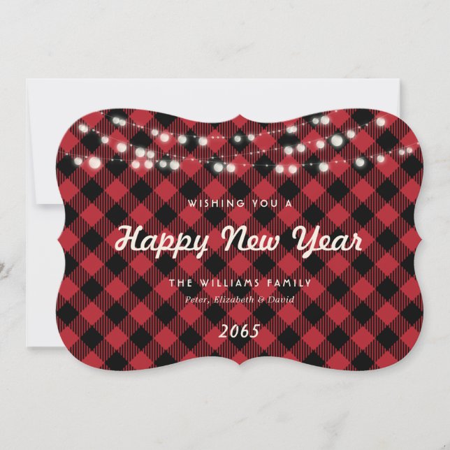Red Buffalo Plaid String Lights New Year Card (Front)