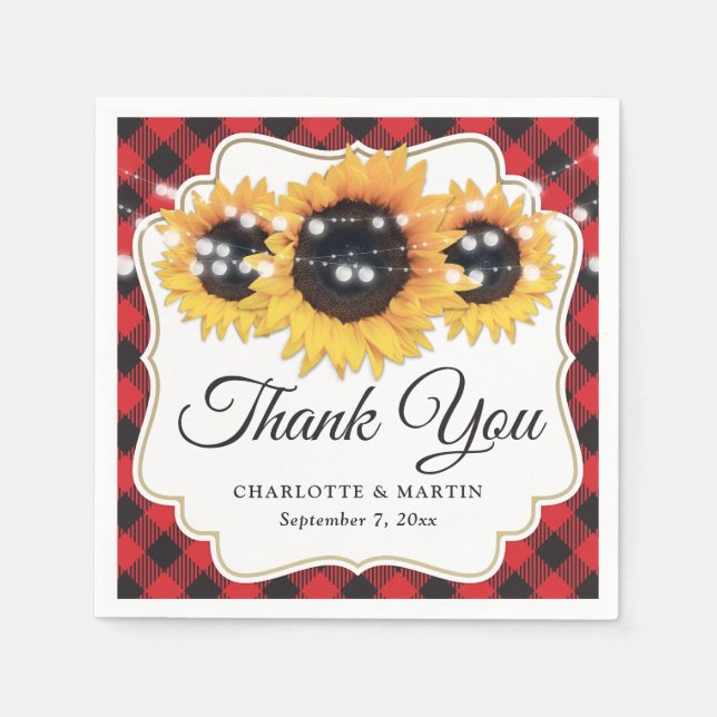 Red Buffalo Plaid Sunflower Wedding Napkin (Front)