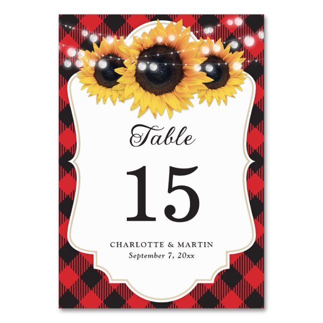 Red Buffalo Plaid Sunflower Wedding Table Number (Front)