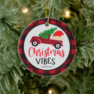 Red Buffalo Plaid Truck Santa Hat Christmas Vibes Ceramic Ornament
