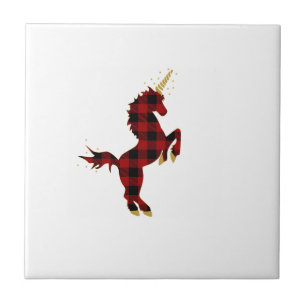 Red Buffalo Plaid Unicorn Christmas Tee for Mum & Ceramic Tile