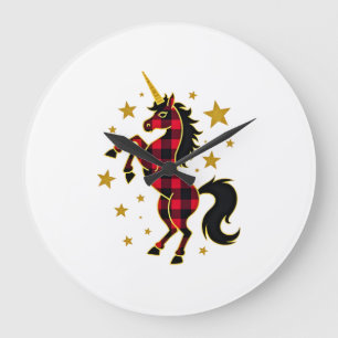 Red Buffalo Plaid Unicorn Christmas Tee for Mum & Large Clock