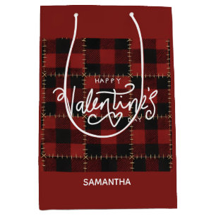 Red Buffalo Plaid Valentines Day Custom Name Medium Gift Bag