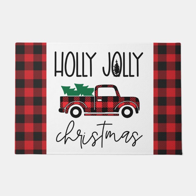 Red Buffalo Plaid Vintage Truck Christmas  Doormat (Front)