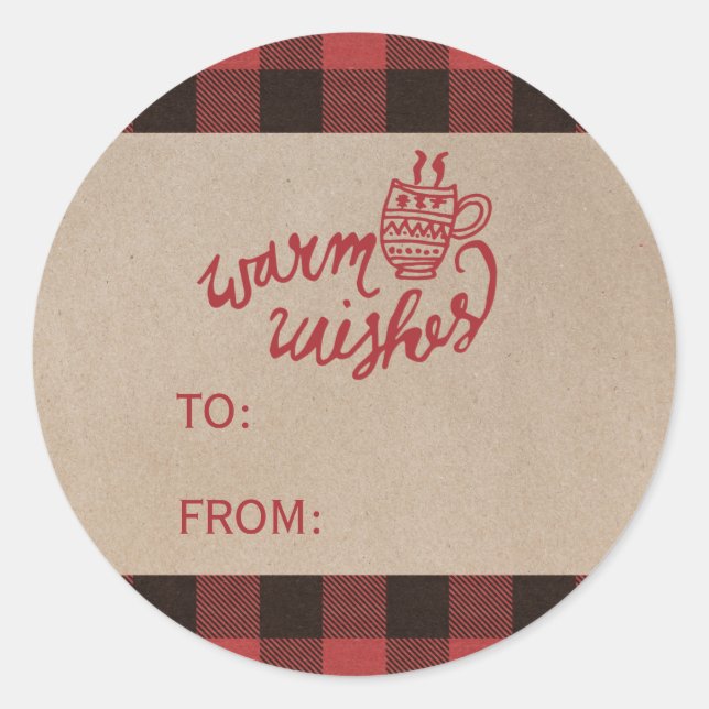Red Buffalo Plaid Warm Wishes Christmas Name Classic Round Sticker (Front)