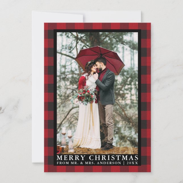 Red Buffalo Plaid Wedding Photo Merry Christmas Holiday Card (Front)
