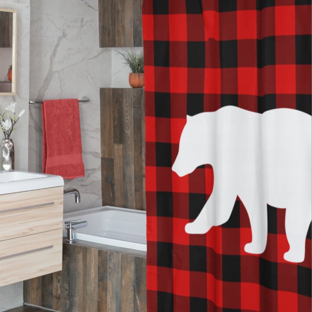 Red Buffalo Plaid & White Bear Shower Curtain (Creator Uploaded)