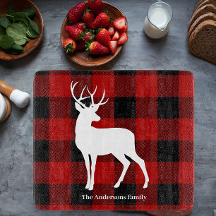 Red Buffalo Plaid & White Deer   Personal Name Cutting Board