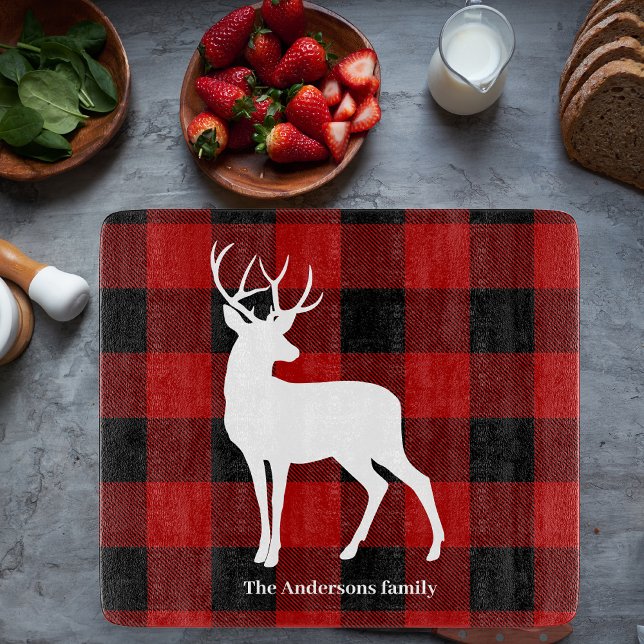 Red Buffalo Plaid & White Deer | Personal Name Cutting Board (Creator Uploaded)