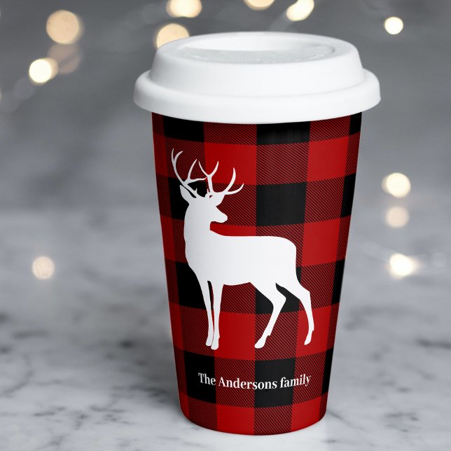 Red Buffalo Plaid & White Deer | Personal Name Paper Cups (Creator Uploaded)