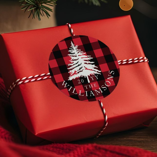 Red Buffalo Plaid White Forest Pine Tree Family Classic Round Sticker (Red Buffalo Plaid White Forest Pine Tree Family Classic Round Sticker)