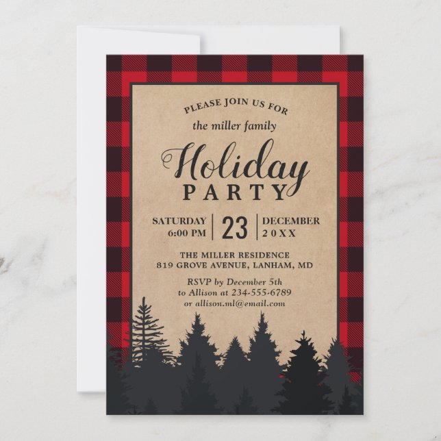 Red Buffalo Plaid Winter Forest Holiday Party Invitation (Front)