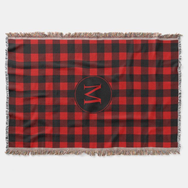 Red Buffalo Plaid with Custom Monogram Throw Blanket (Front)