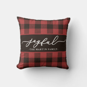 Red Buffalo Plaid with Joyful Script Christmas Cushion