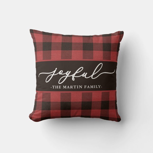 Red Buffalo Plaid with Joyful Script Christmas Cushion (Front)