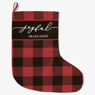 Red Buffalo Plaid with Joyful Script Christmas Large Christmas Stocking