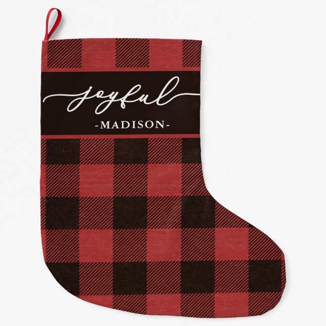 Red Buffalo Plaid with Joyful Script Christmas Large Christmas Stocking (Front)