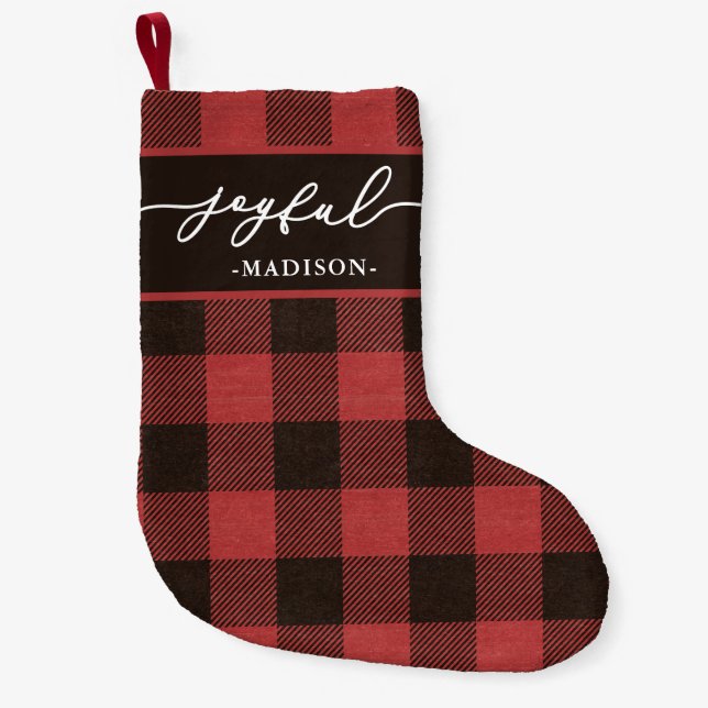 Red Buffalo Plaid with Joyful Script Christmas Small Christmas Stocking (Front)