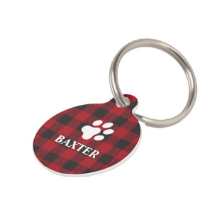 Red Buffalo Plaid with Paw - Phone on Back - Pet Tag