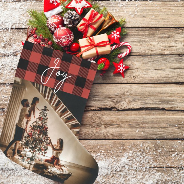 Red Buffalo Plaid With Photo And Joy Large Christmas Stocking (Creator Uploaded)