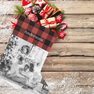 Red Buffalo Plaid With Photo And Name    Large Christmas Stocking