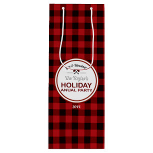 Red Buffalo Plaid Wood Holiday Annual Party Wine Gift Bag